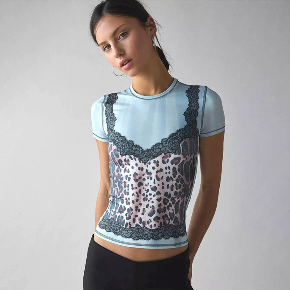 Zara Summer Comfortable Slim Fit Vintage Leopard Print Lace Pattern Top